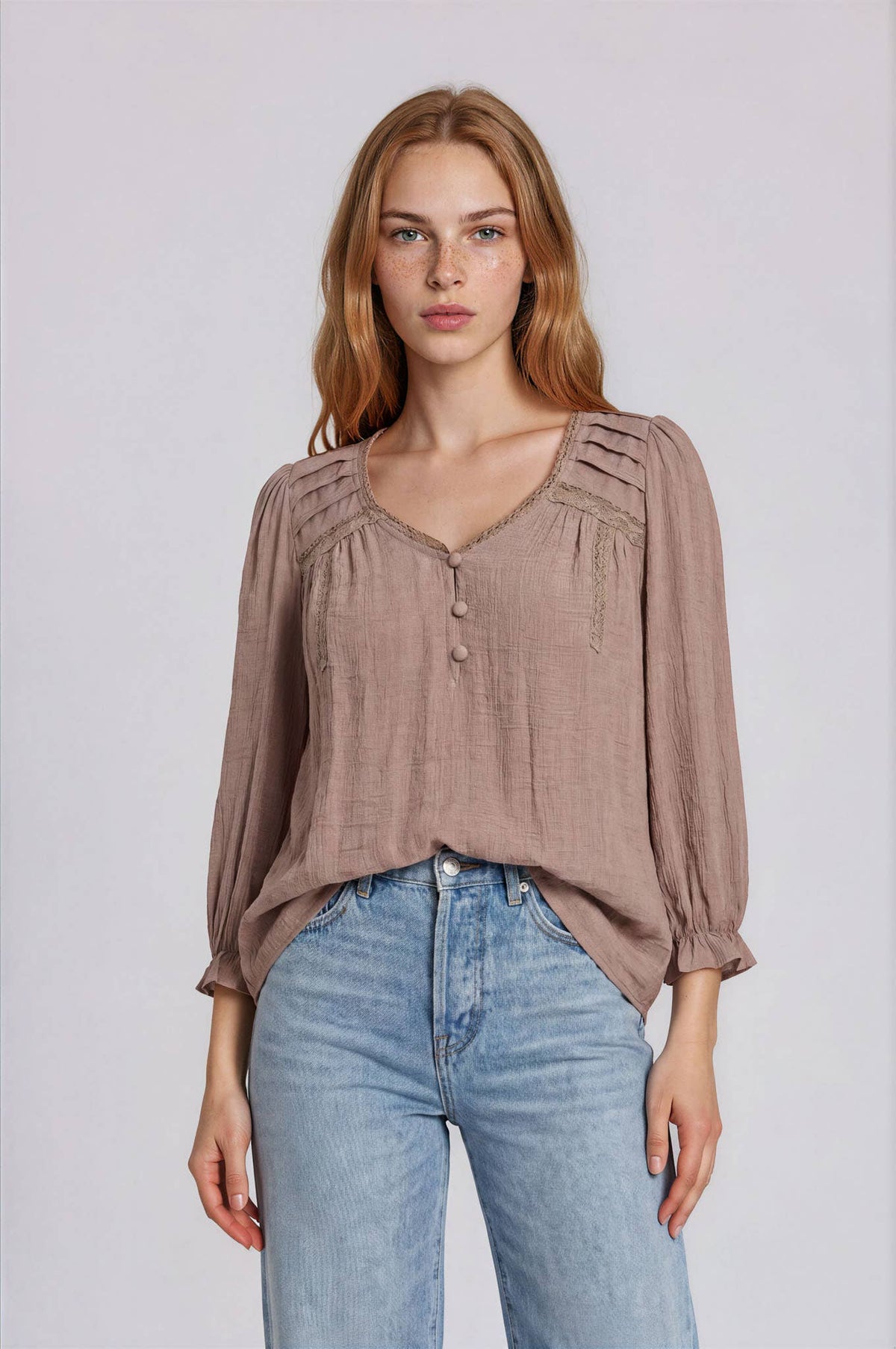 CROCHET TRIM V-NECK 3/4 SLEEVE HENLEY TOP