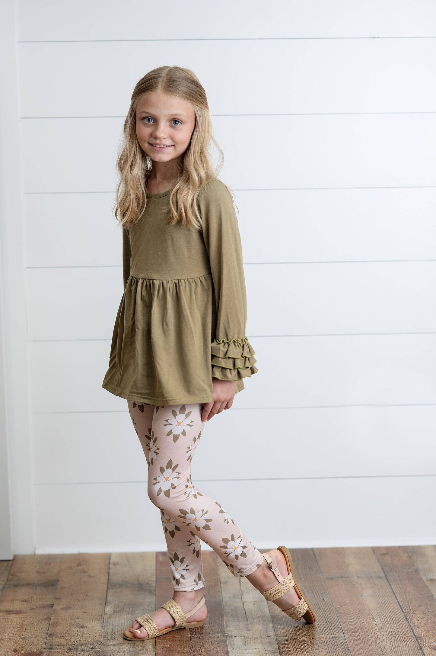 Girls Sage Green 3 Ruffles Shirt & Floral Leggings Set