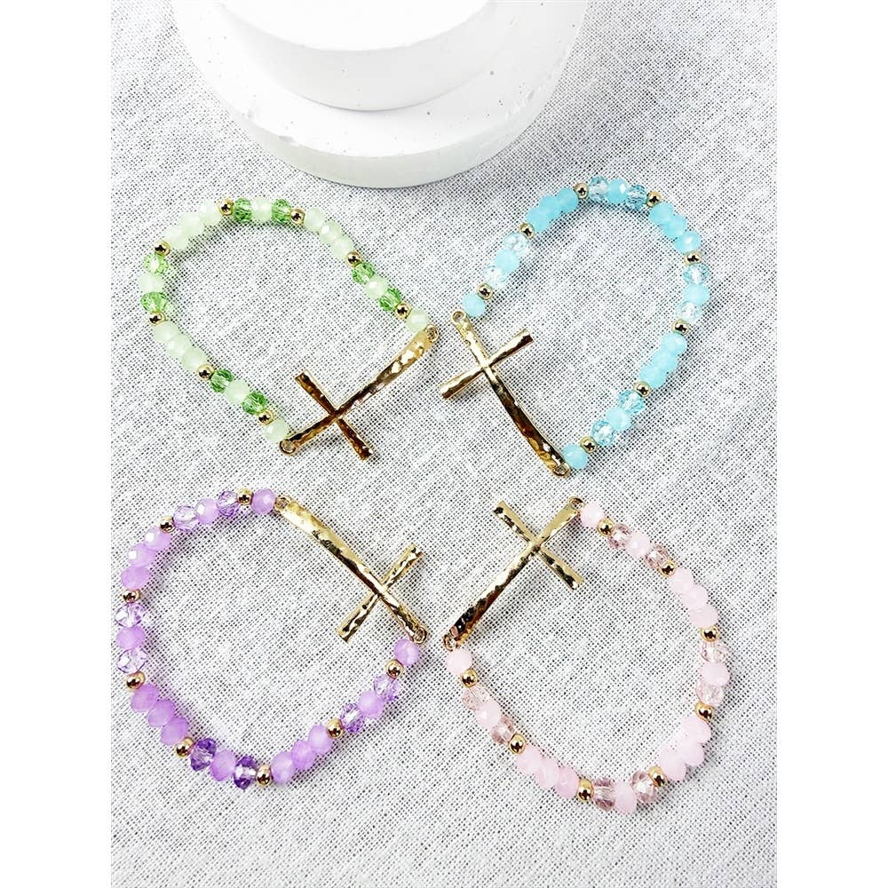 Hammered Cross Soft Tone Mixed Bead Stretch Bracelet