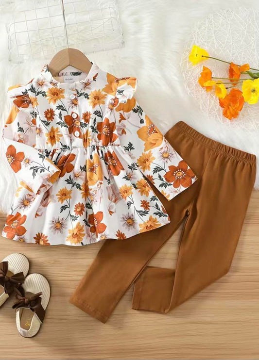 White Corduroy Top w/ Mustard Flowers and Leggings