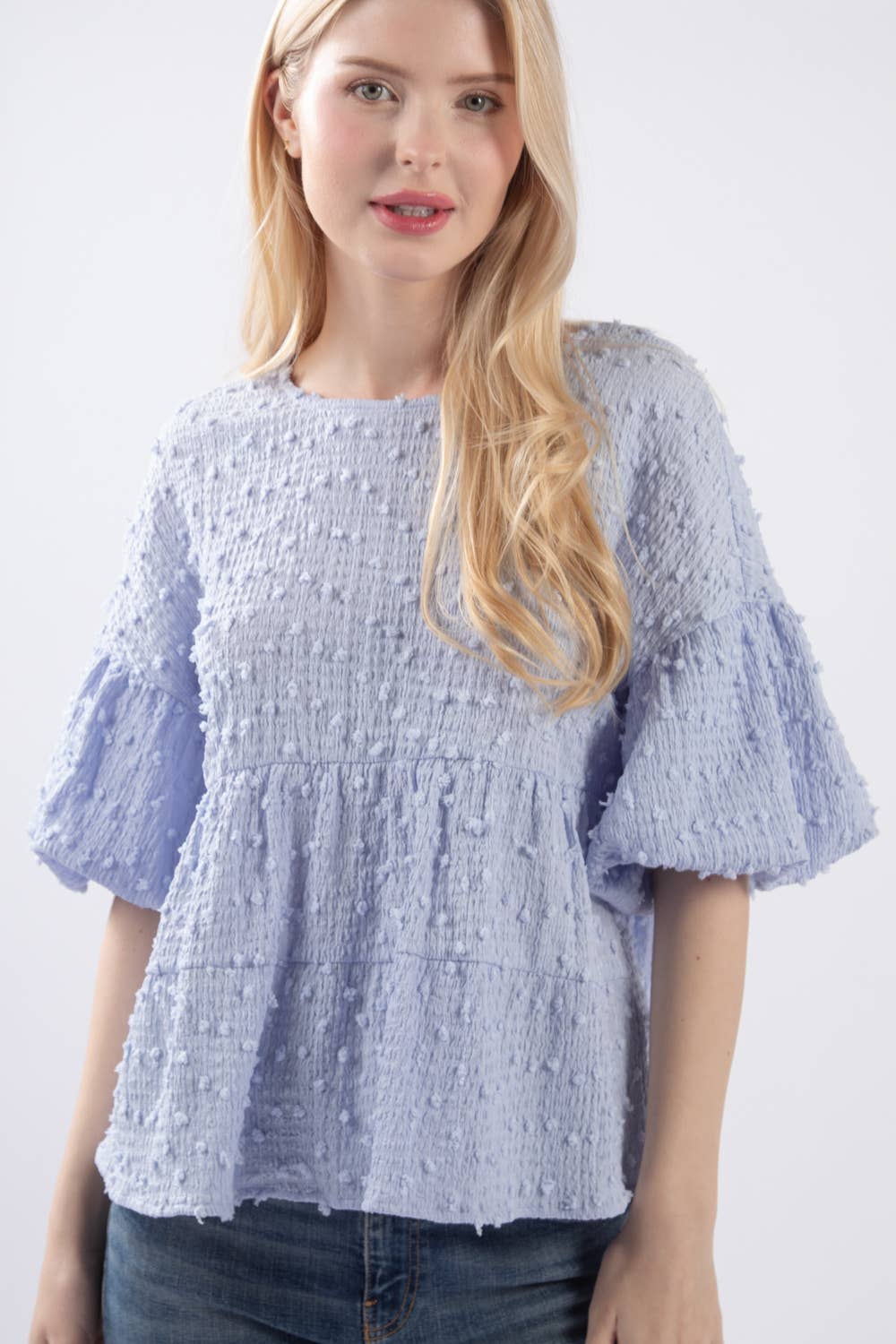 Crinkle Pom Pom Knit Puff Sleeve Babydoll Top