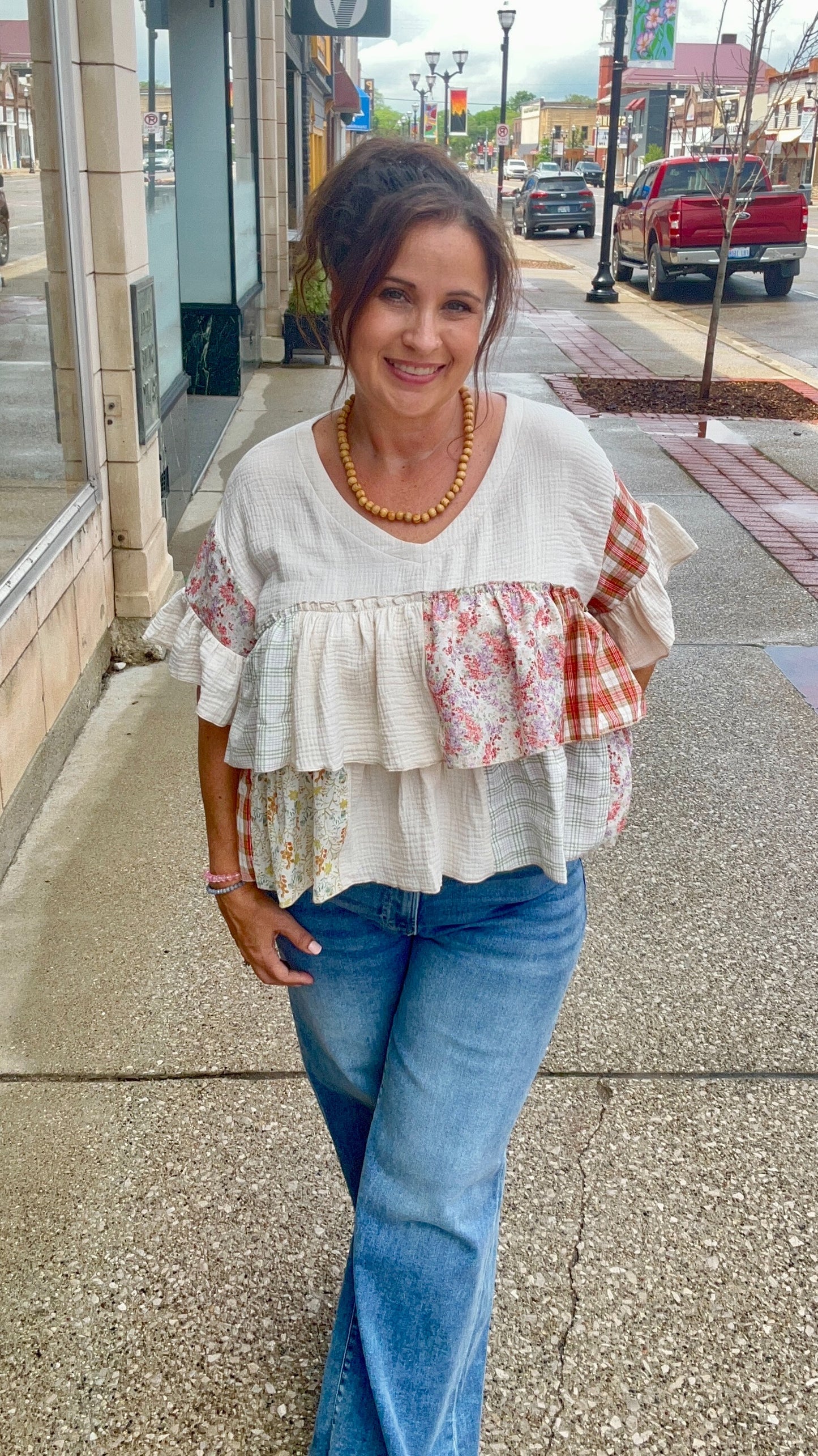 Vintage Patchwork Ruffle Hem Top