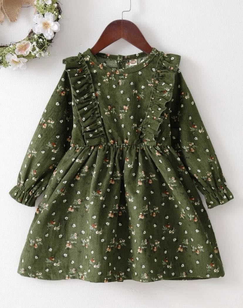 Corduroy Ditsy Floral Flounce Sleeve Dress