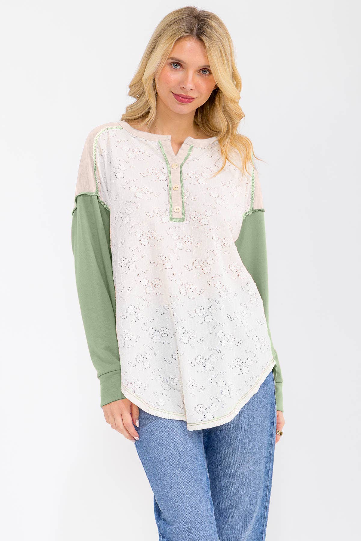 Floral Lace Contrast Sleeve Henley Top T6193