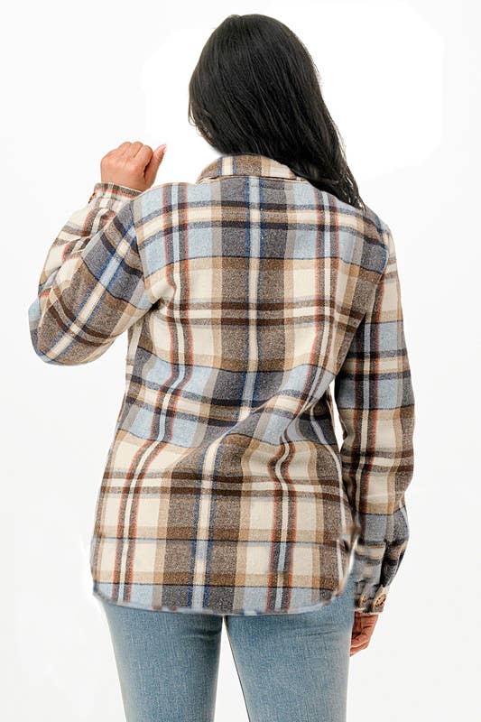 Fur lined plaid flannel shirt jacket shacket with pockets