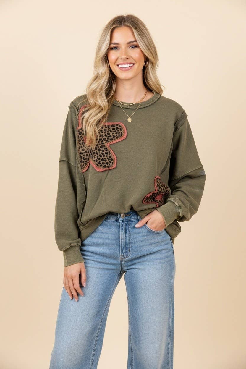 HT20223 Leopard Flower Patch Oversized Sweatshirt