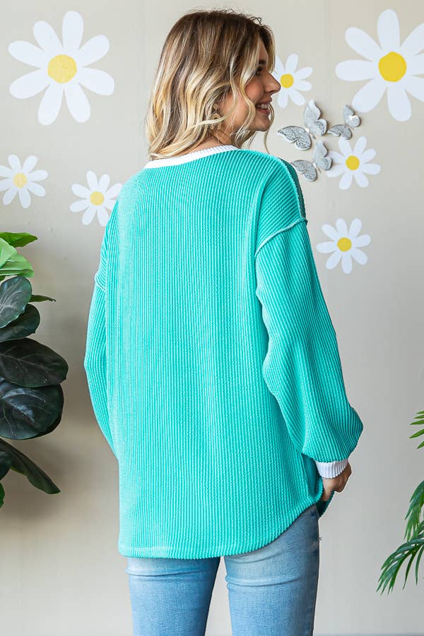 Ribbed Drop Shoulder Button Front Long Sleeve Top T5402