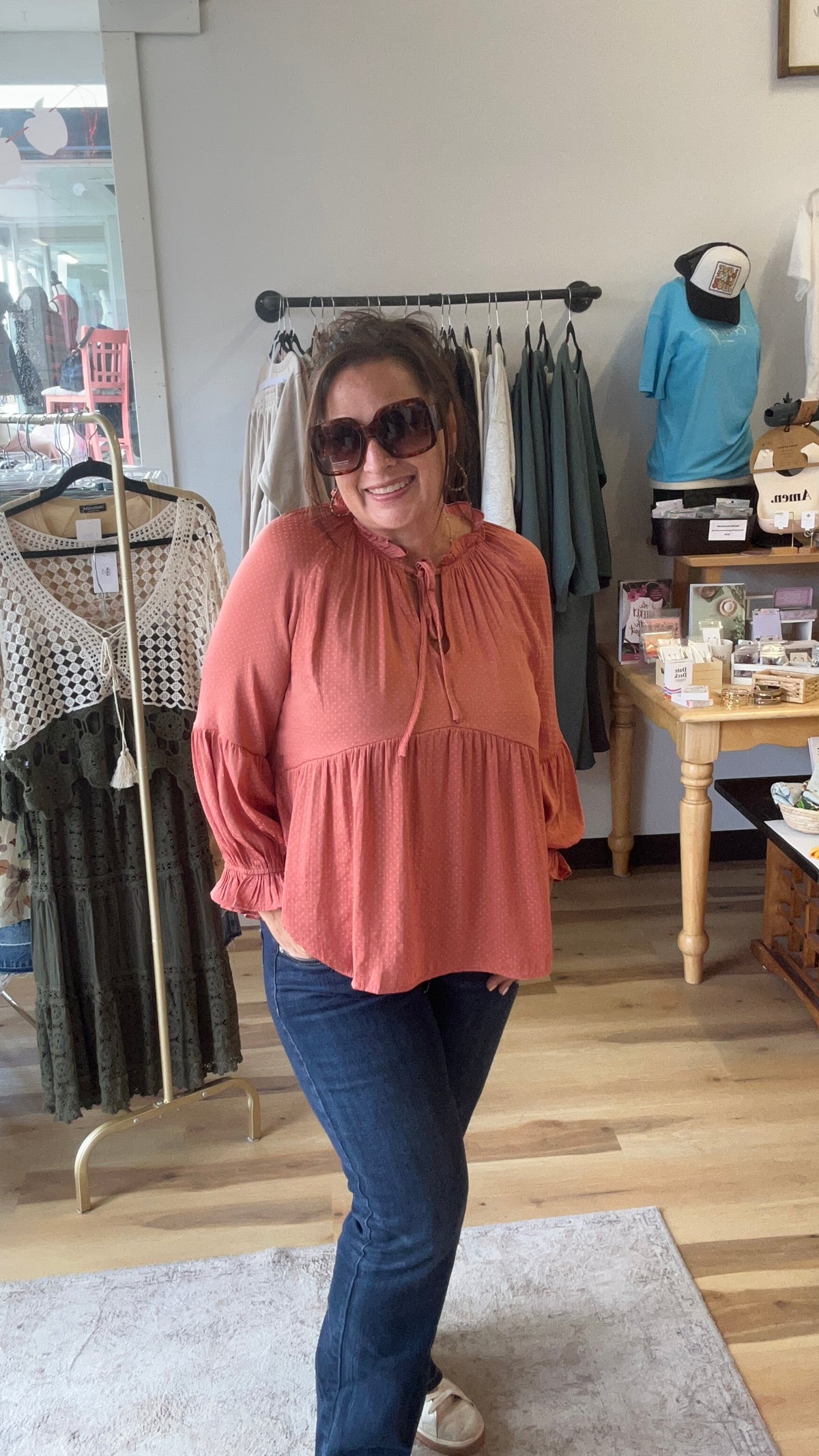 RUFFLE TIE FRONT BABYDOLL BLOUSE