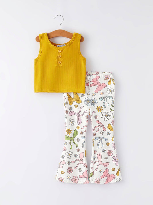 Yellow Girls Top Bow Floral Print Bell Bottom Pants Set