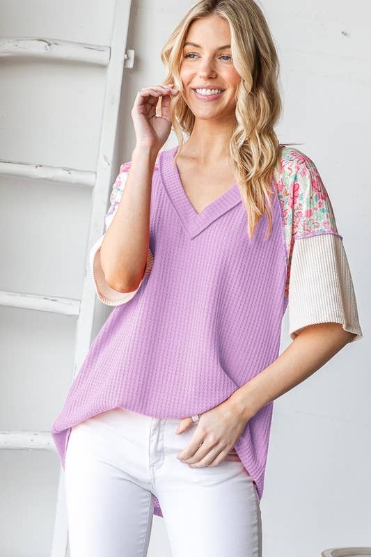 SHORT SLEEVE SOLID AND FLORAL TOP