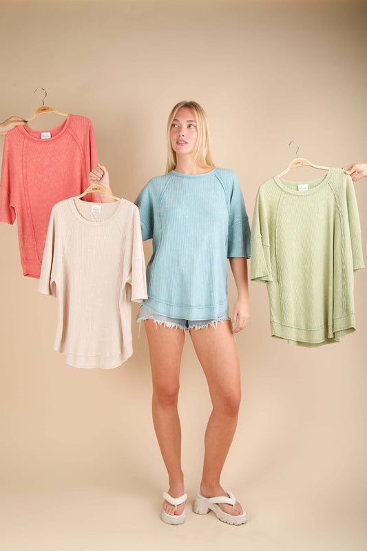 Mineral Washed Oversized Ribbed Knit Casual Top