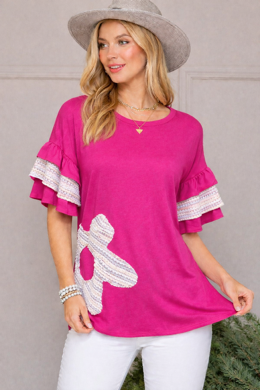 Women’s Ruffle Sleeve Knit Top with Floral Appliqué Detail