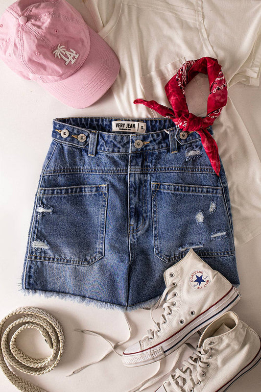 VERY JEAN Button Tab Detail Washed Denim Shorts