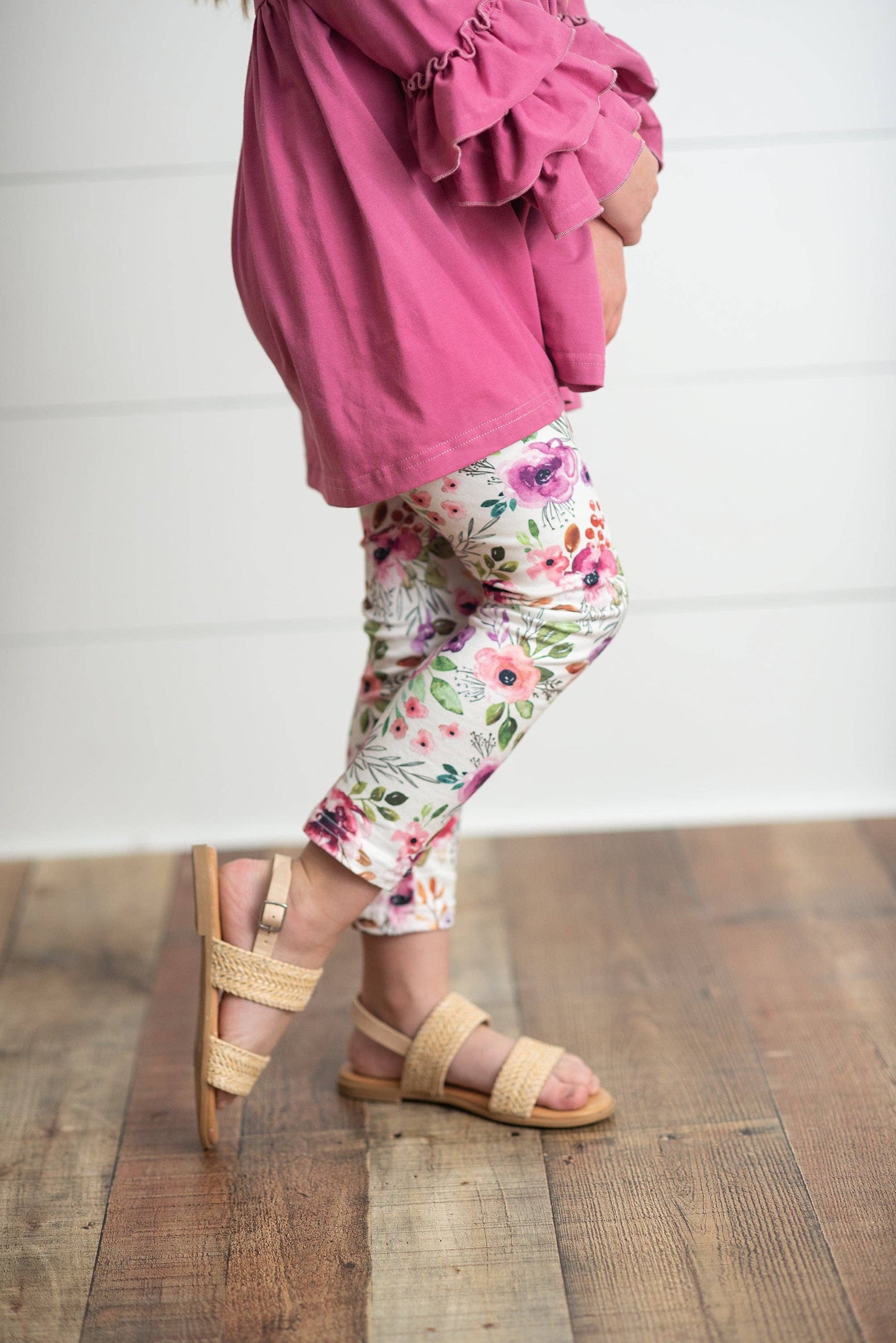 Kids Plum Floral 3 Ruffles Shirt & Leggings Set