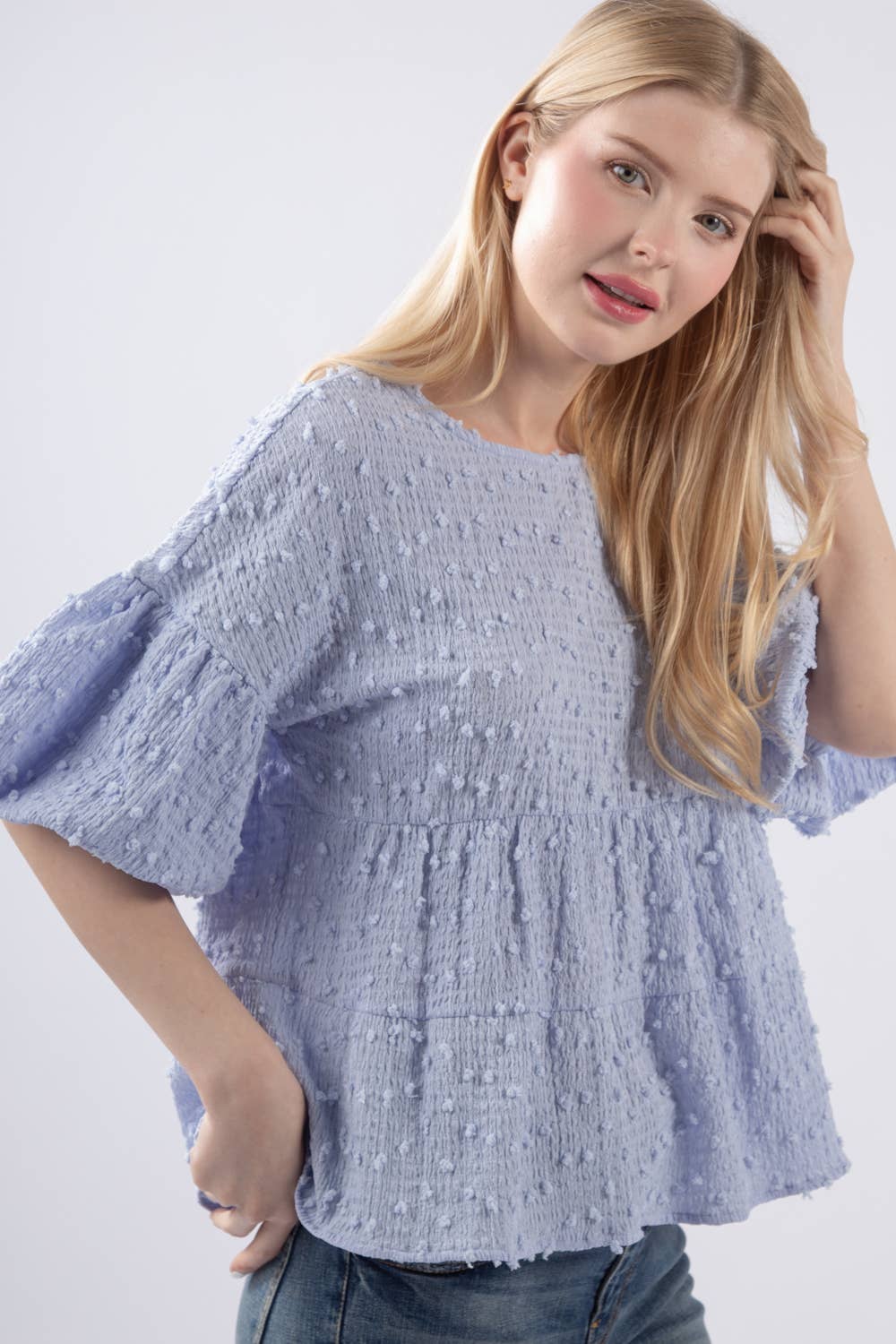 Crinkle Pom Pom Knit Puff Sleeve Babydoll Top