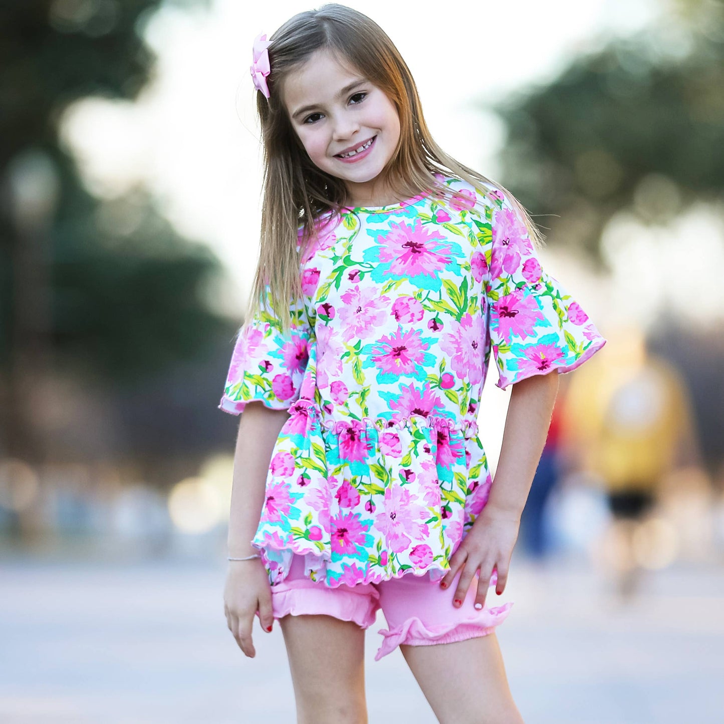 Girls Angel Sleeve Pink Floral Ruffle Hi Low Shirt With Leggings