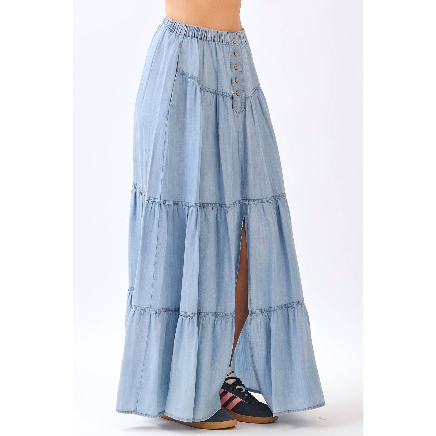 WASHED CHAMBRAY BUTTON FRONT TIERED MAXI SKIRT