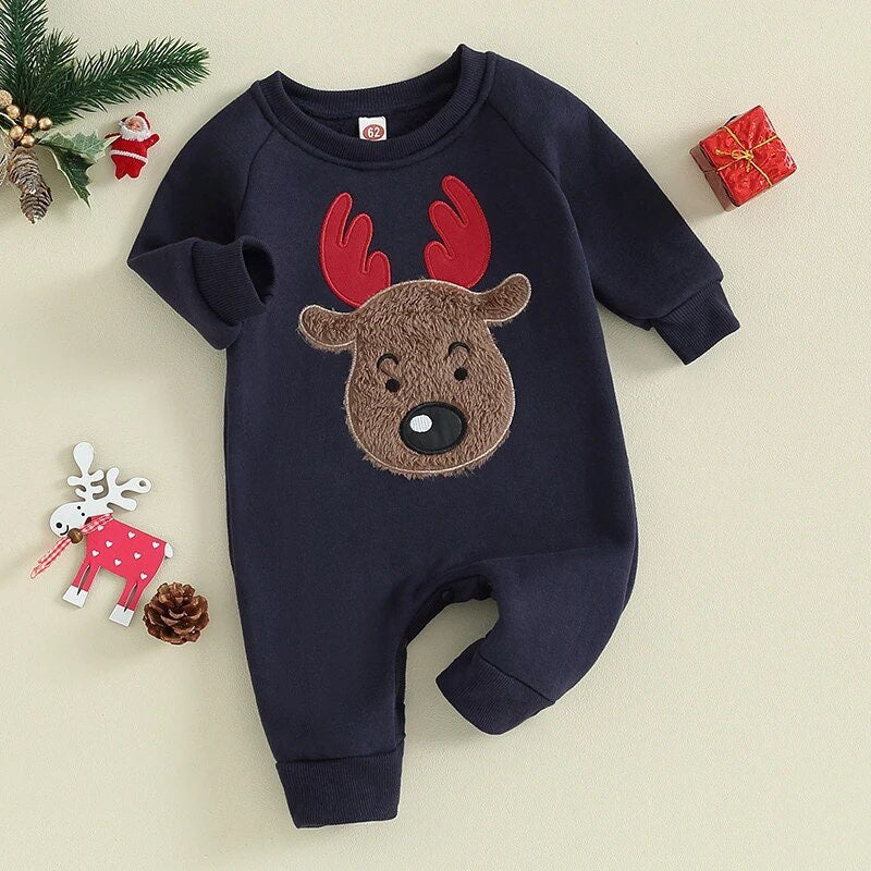 Furry Reindeer Applique Jumpsuit