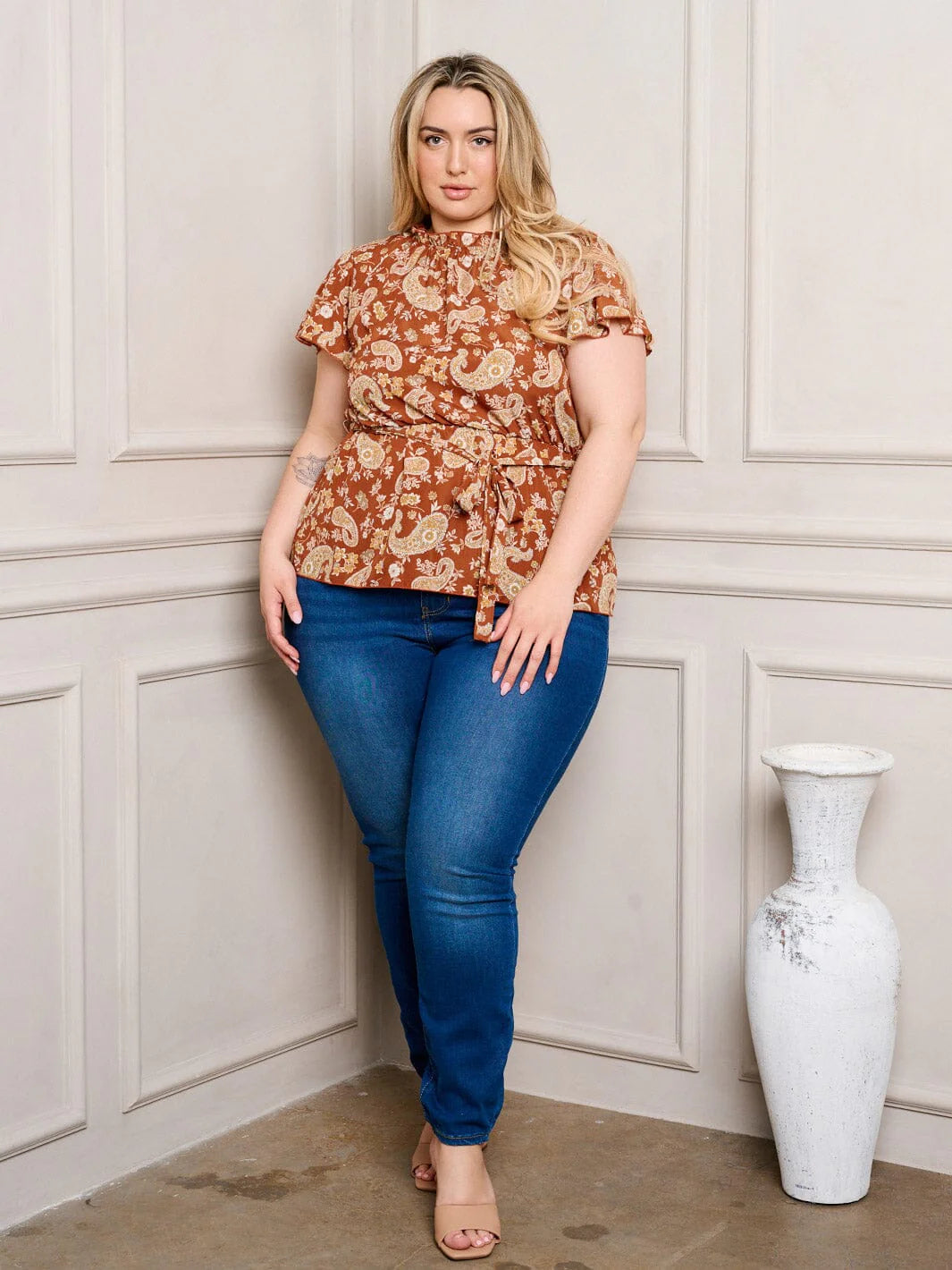 Plus Size Mock Neck Multi Print Top