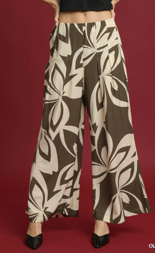 UMGEE - Abstract Floral Wide Leg Pants, Olive