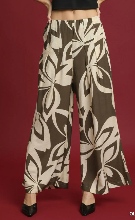 UMGEE - Abstract Floral Wide Leg Pants, Olive