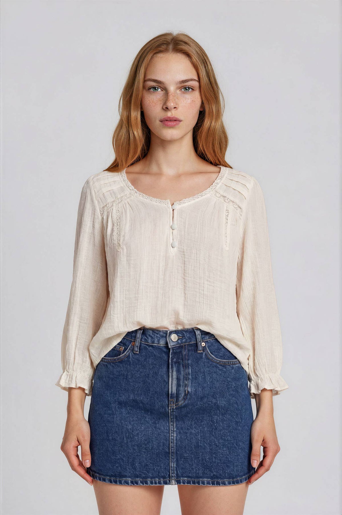 CROCHET TRIM V-NECK 3/4 SLEEVE HENLEY TOP