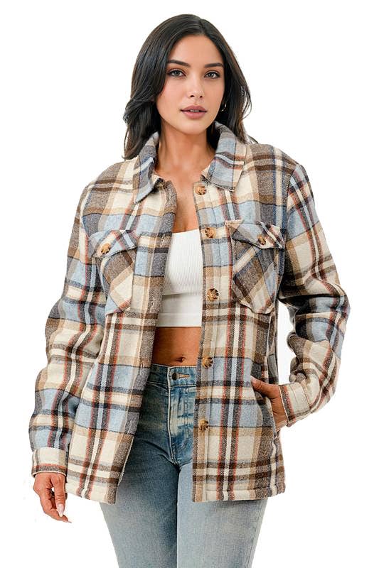 Fur lined plaid flannel shirt jacket shacket with pockets
