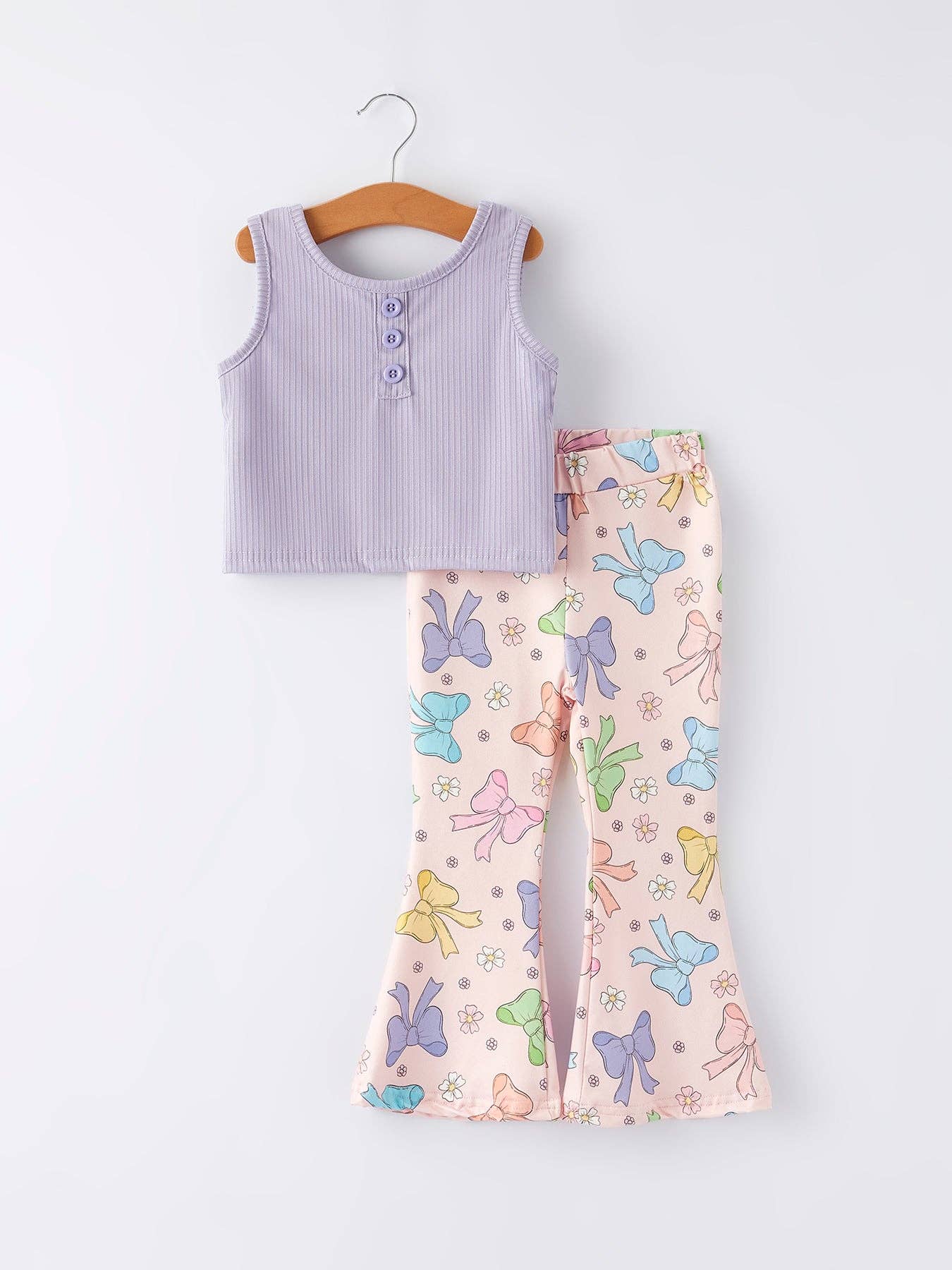 Purple Girls Top Bow Floral Print Bell Bottom Pants Set