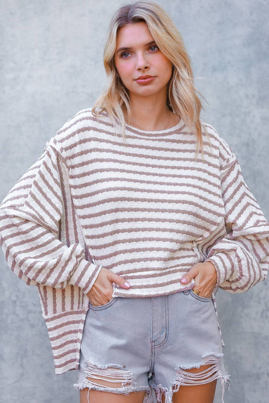 TEXTURED STRIPE LONG SLEEVE SLITS PULLOVER TOP