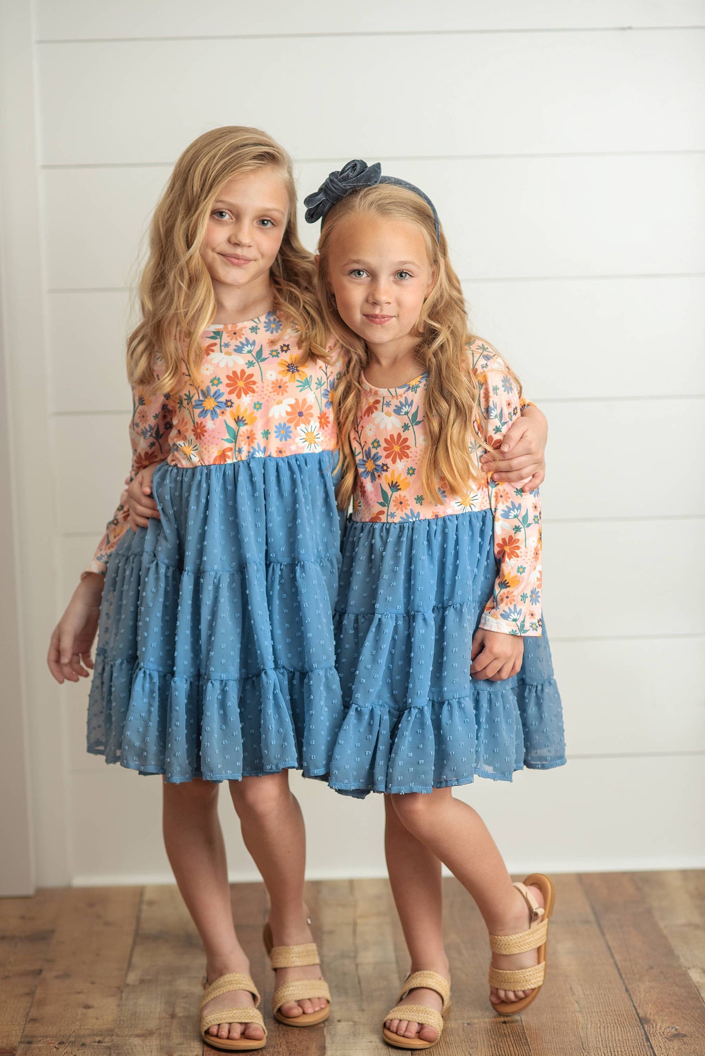 Kids Dusty Blue Flower Print Swiss Dot Tulle Dress
