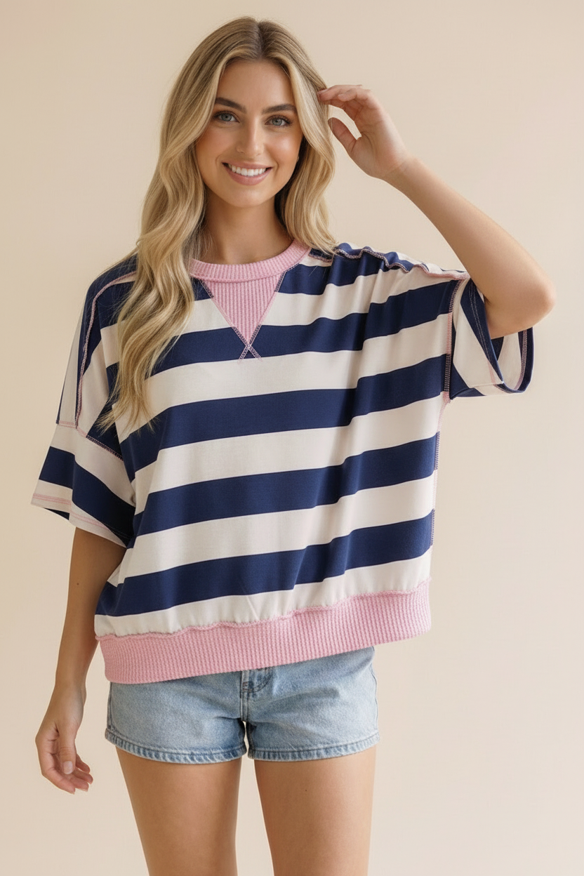 Flutter Elbow Sleeve Stripe French Terry Top