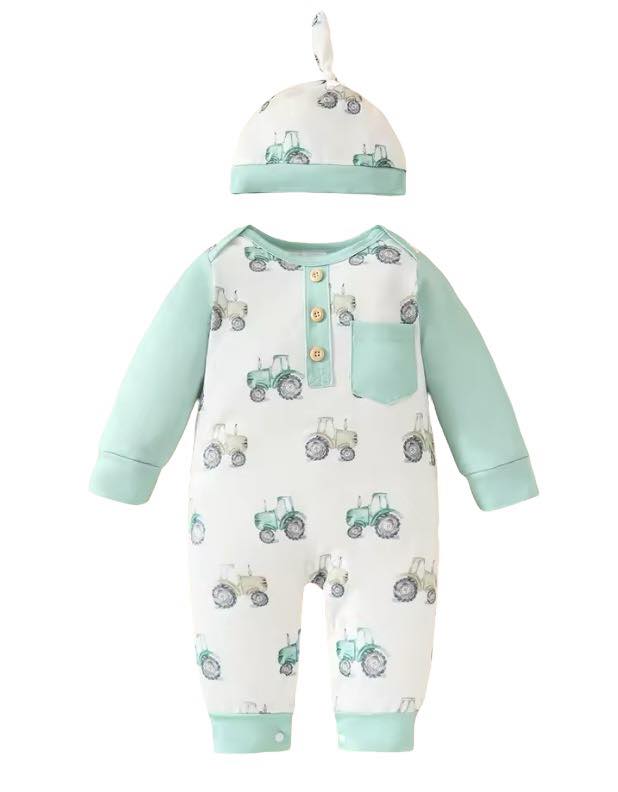 Mint Tractor Romper with Hat