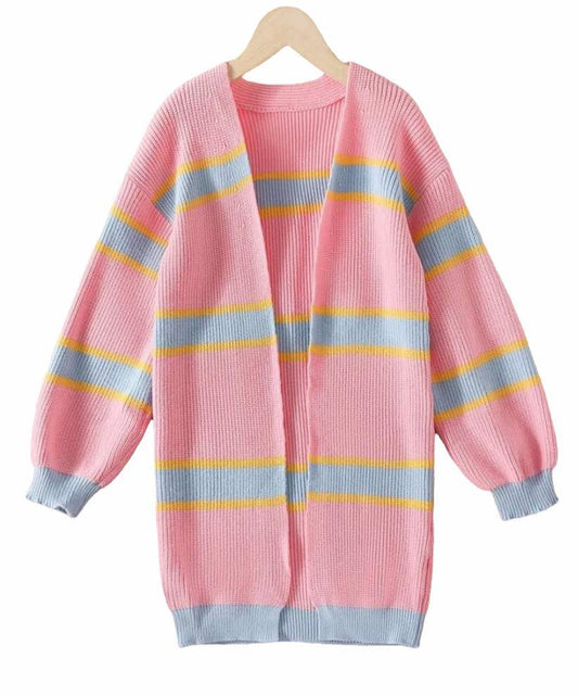 Pink Stripe Drop Shoulder Cardigan