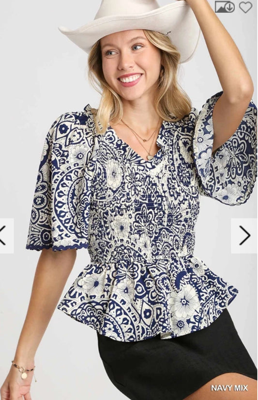 UMGEE - Two Tone Paisley Print Top, Navy