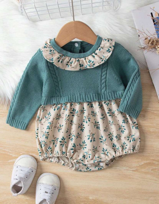 Ruffle Trim Sweater Top And Corduroy Romper