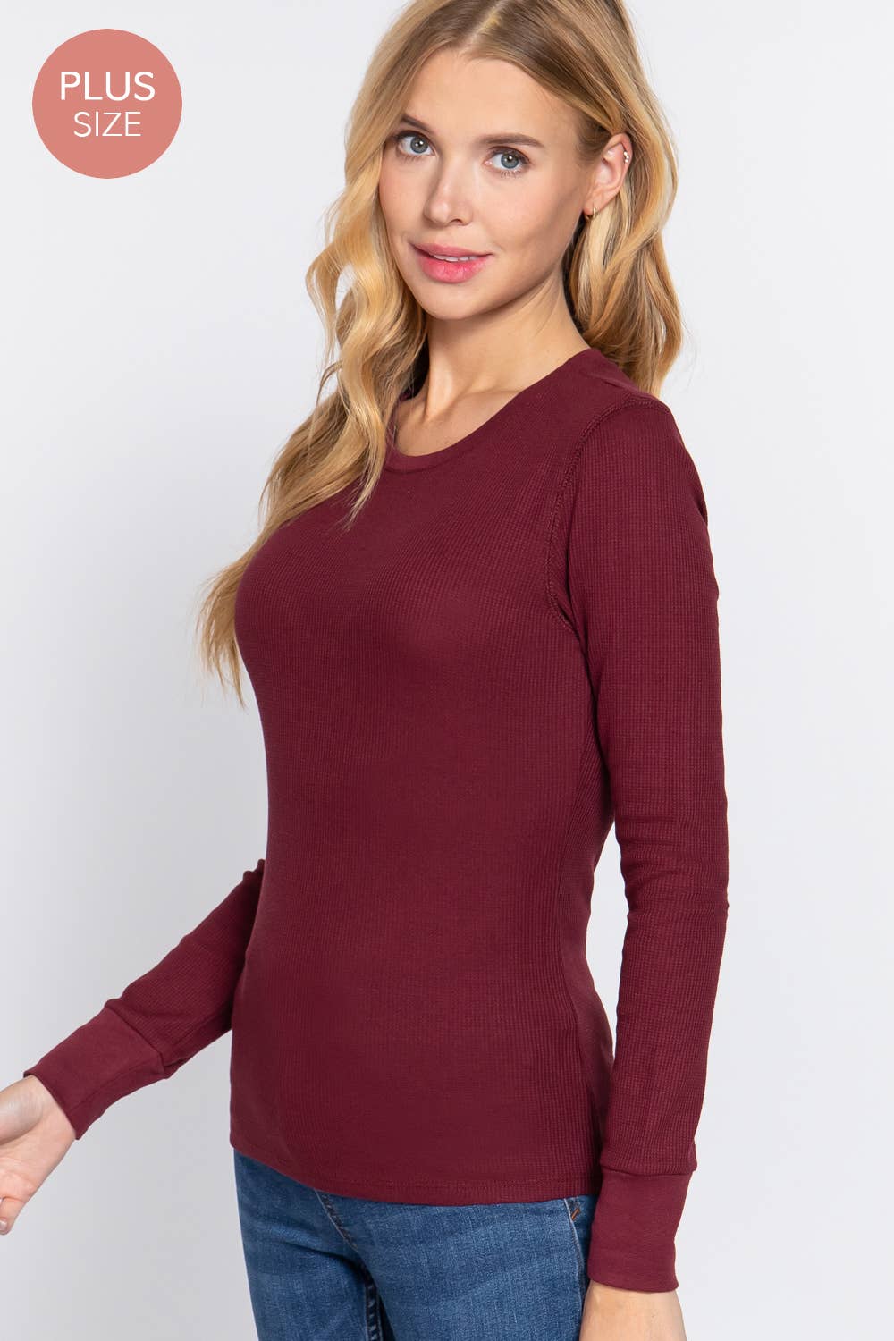 [PLUS SIZE] Long Sleeve Crew Neck Thermal Knit Top