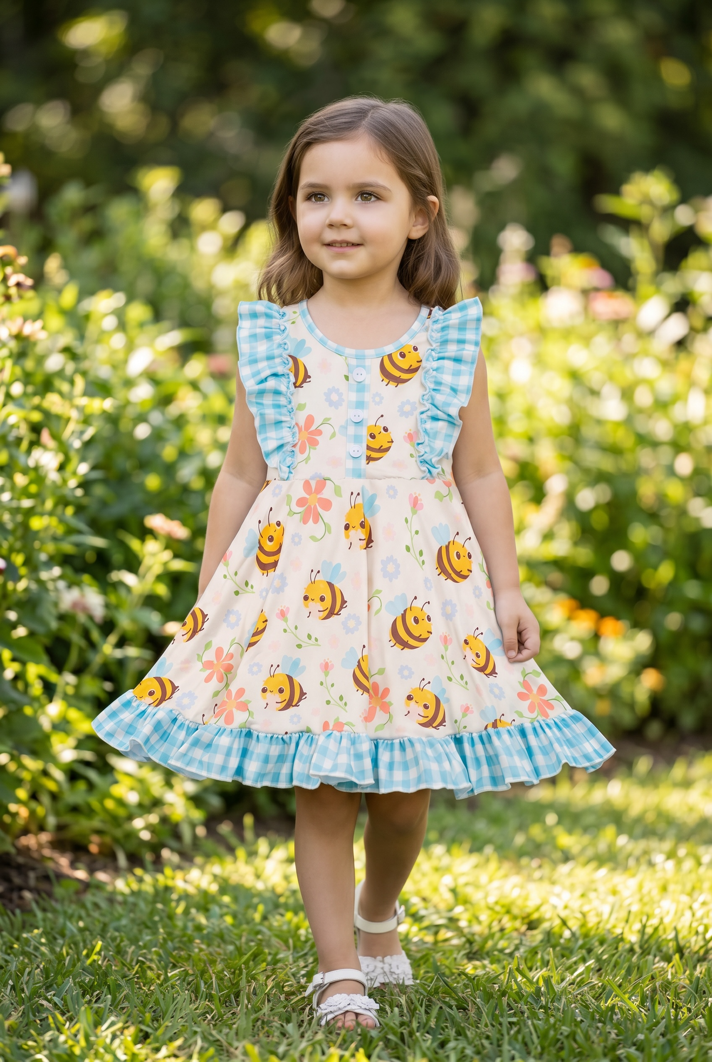 Bee & gingham printed girls dress with ruffle hem