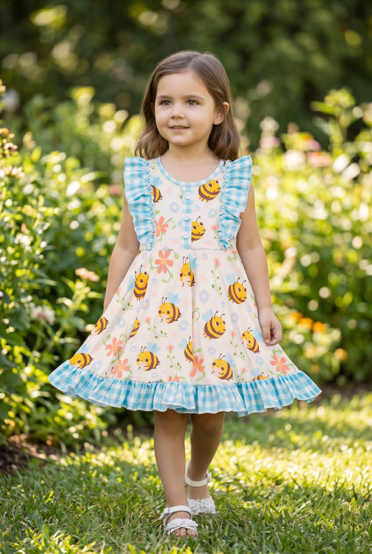 Bee & gingham printed girls dress with ruffle hem