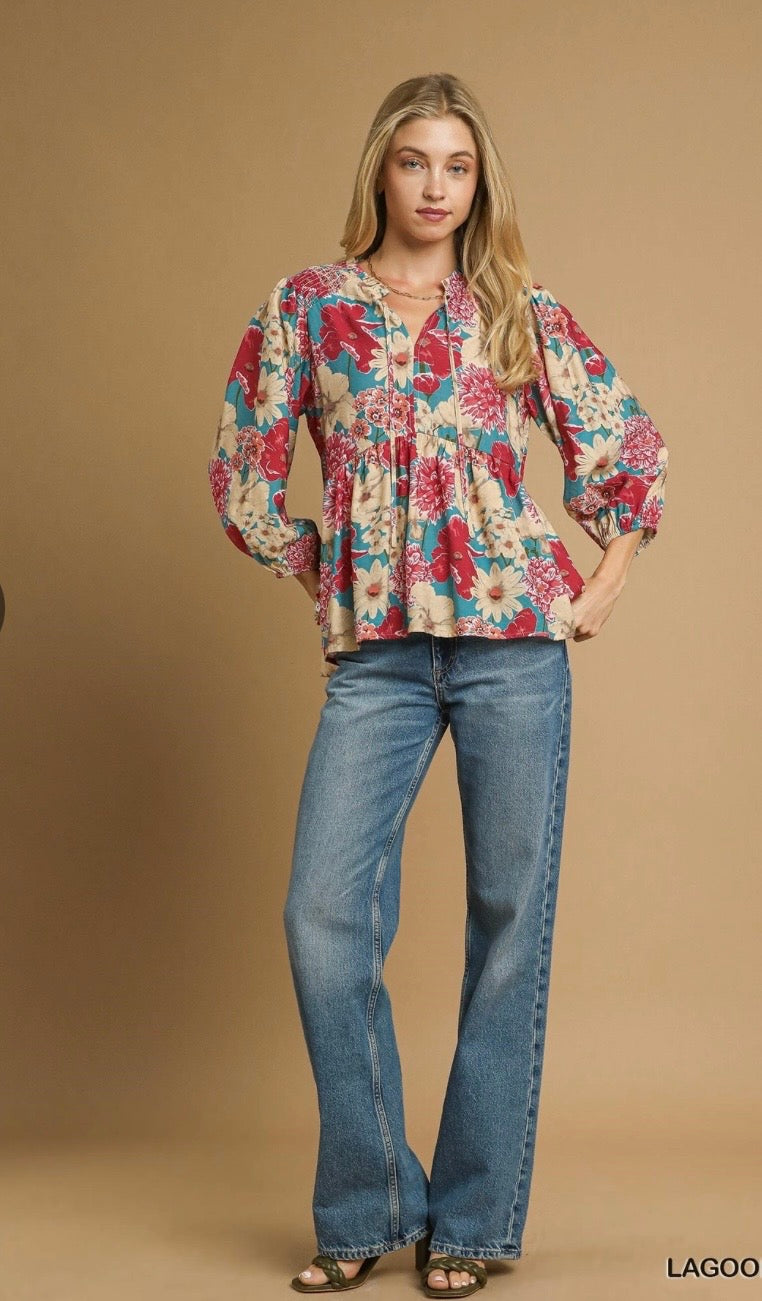 Mix Floral Peplum Blouse with Tie Neck