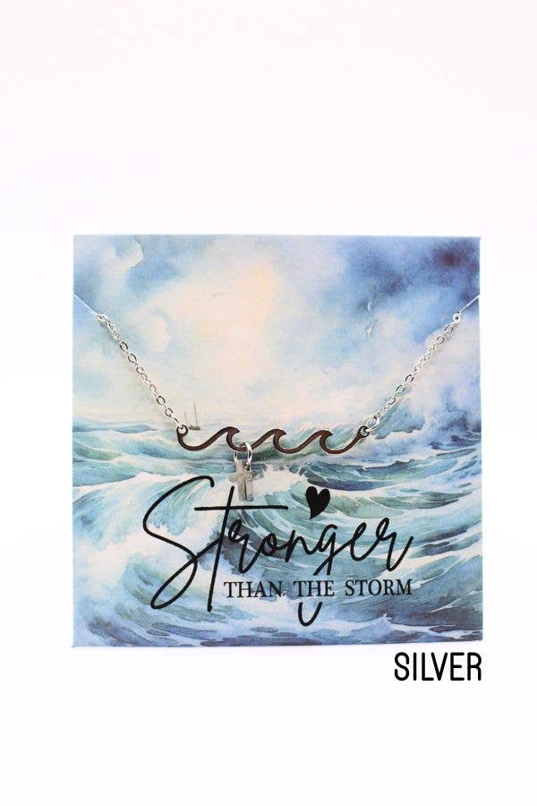 Scripture Faith Necklace, Stronger Than the Storm Wave Cross