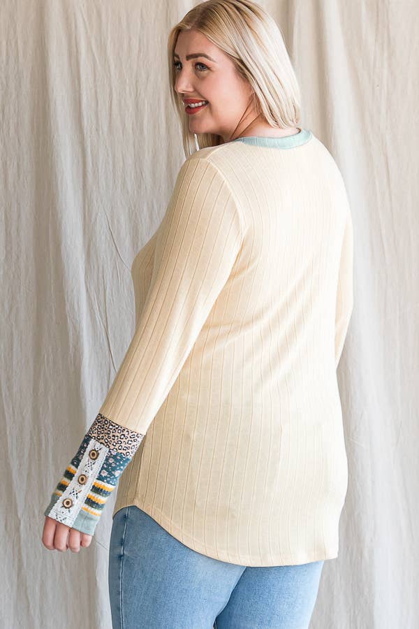 [PLUS SIZE] Casual Ribbed Knit Top with Lace Trim T4527XL