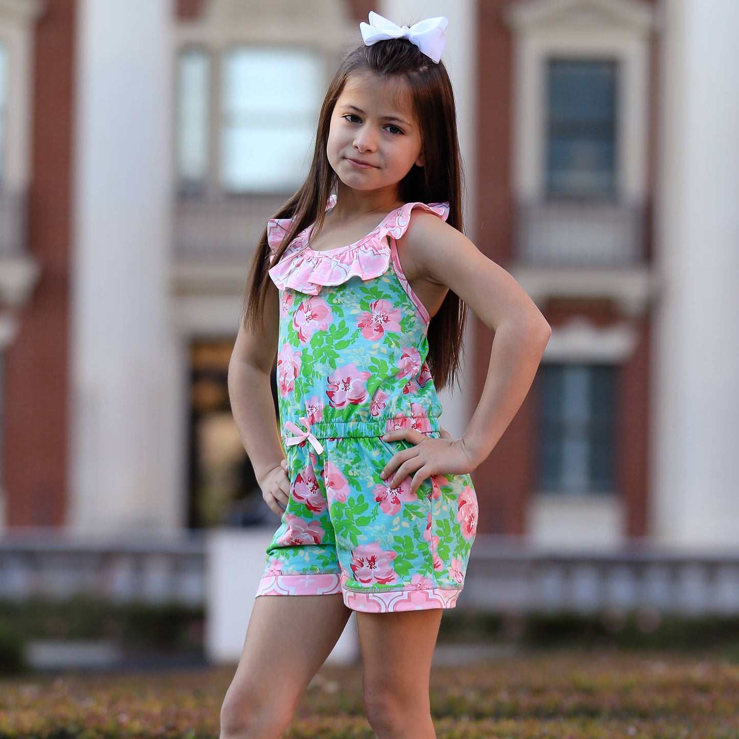 Girls Pink Green Floral Jumpsuit Romper