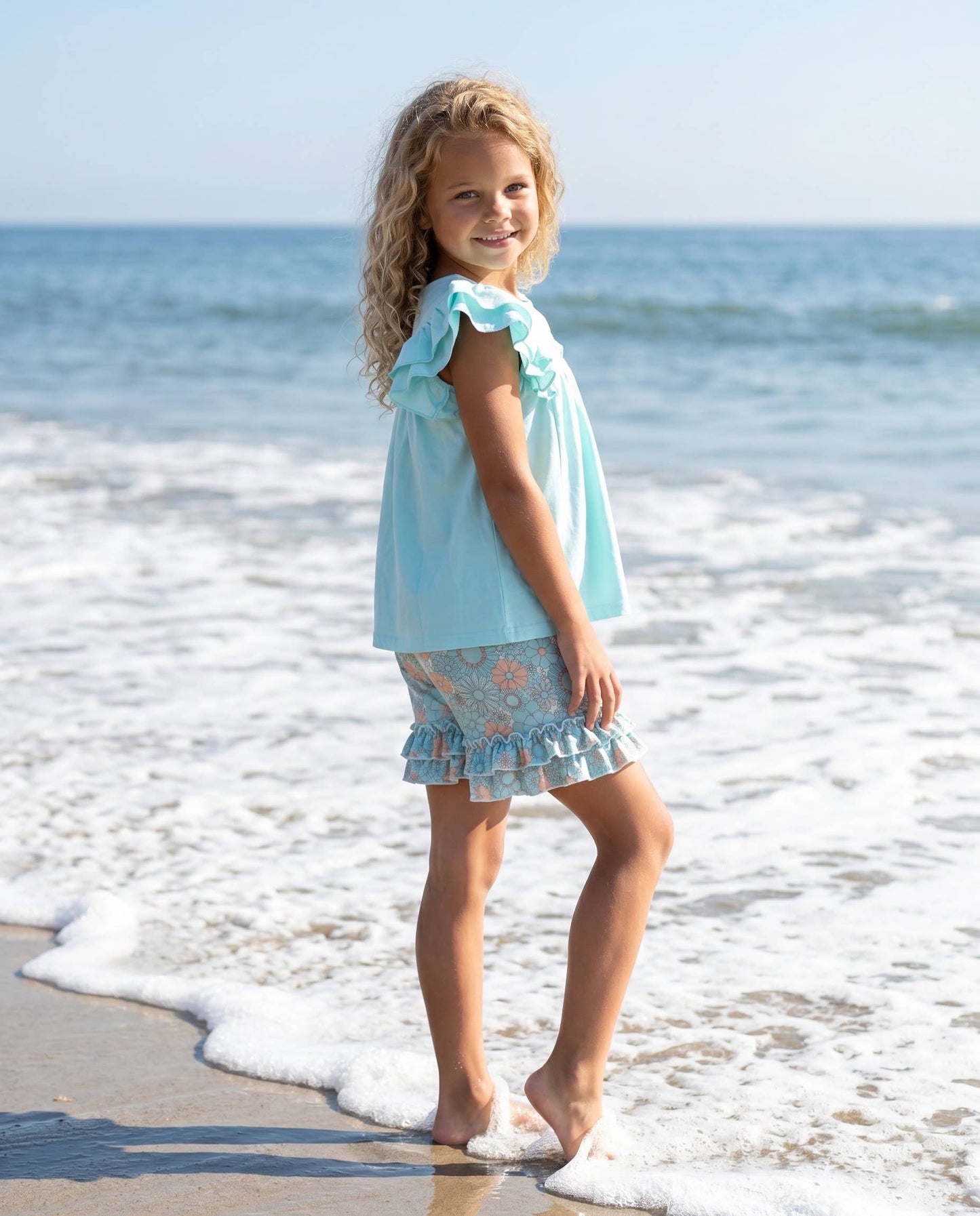 Kids Sophia Light Teal Floral Summer Spring Ruffle Short Set