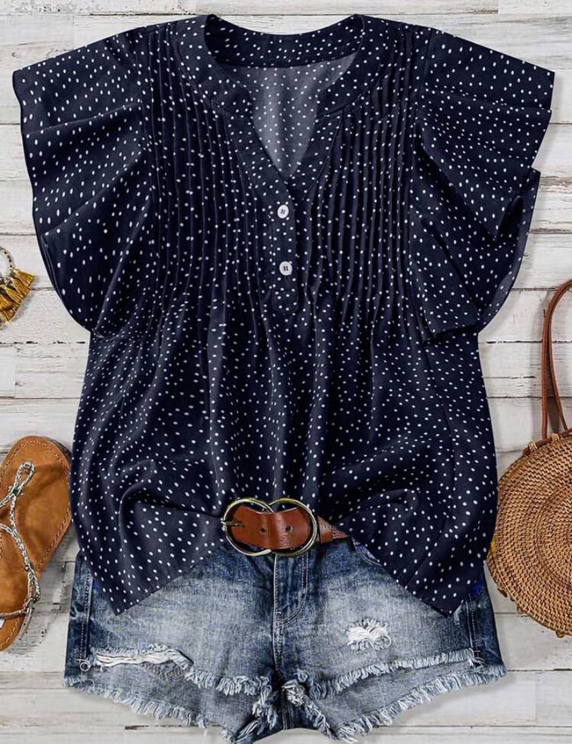 V-Neck Ruffle Sleeve Polka Dot Blouse