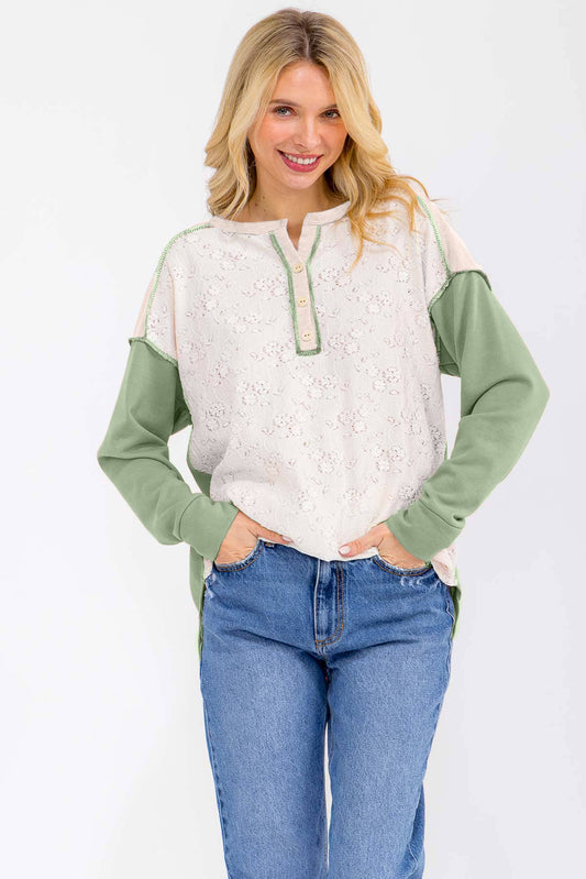 Floral Lace Contrast Sleeve Henley Top T6193