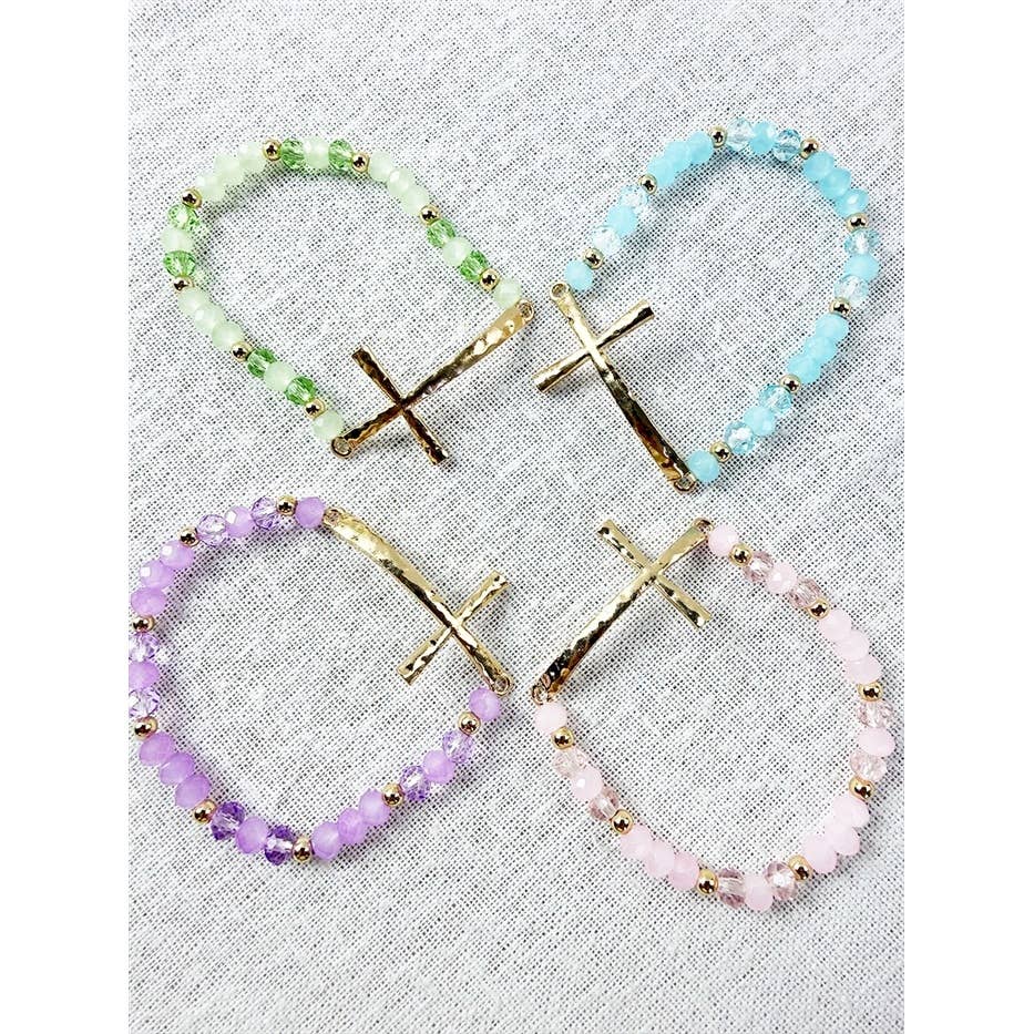 Hammered Cross Soft Tone Mixed Bead Stretch Bracelet