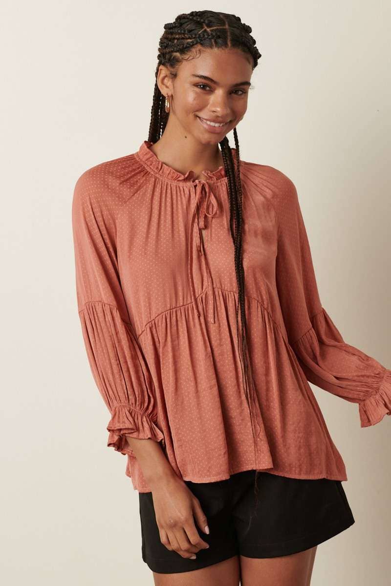 RUFFLE TIE FRONT BABYDOLL BLOUSE