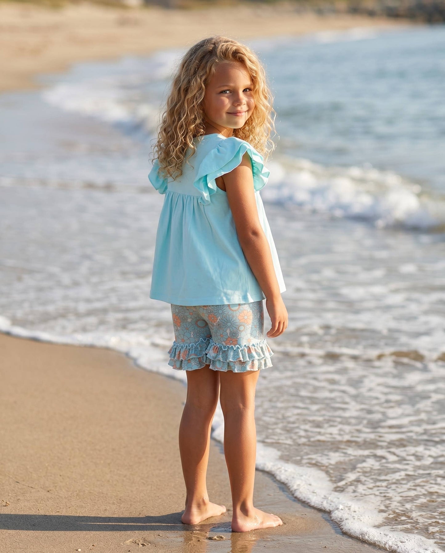 Kids Sophia Light Teal Floral Summer Spring Ruffle Short Set