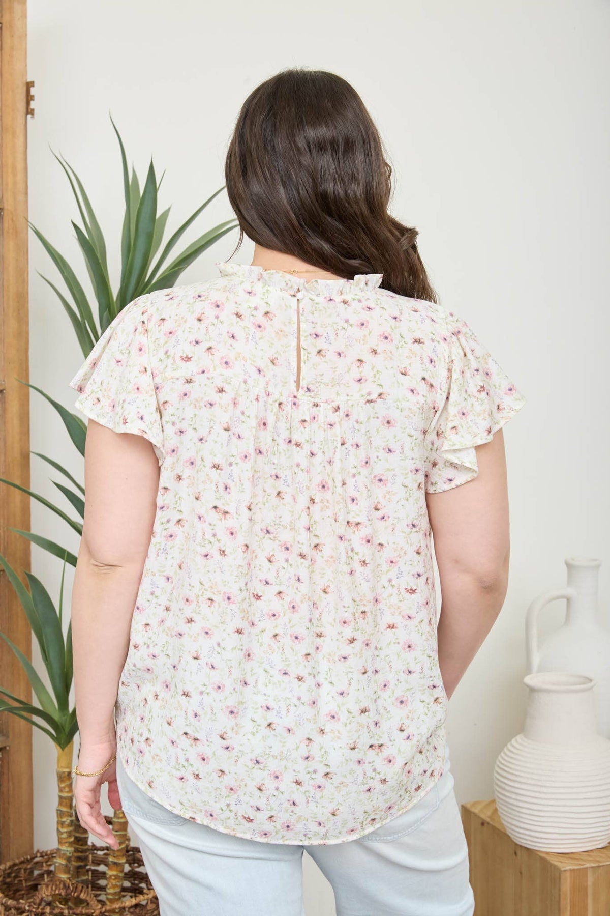 PLUS FLORAL RUFFLE DETAIL LINE LACE YOKE TOP