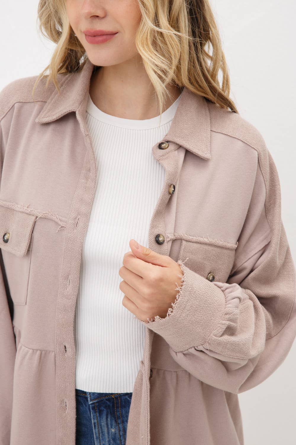 Washed French Terry Mix Frayed Detail Peplum Jacket
